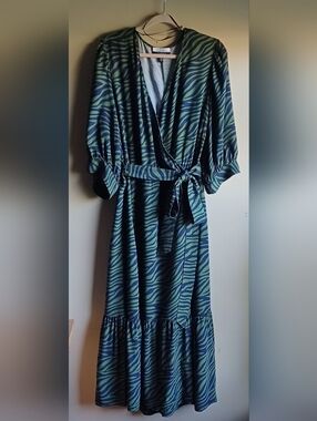 ELOQUII Midi Wrap  Dress 100% Rayon Sz22 In Green/ Navy Blue